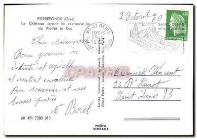 Nowoczesna pocztówka Pierrefonds Zamek przed Restauracją Violleta Le Duka — Rewers