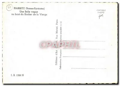Biarritz (Basses-Pyrénées) — Uma Bela onda no final do Rocher de la Vierge — Éditions d'Art Martel, Paris — Verso