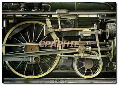 Détail mécanique d'une locomotive à vapeur — roues et bielles — éditeur non visible