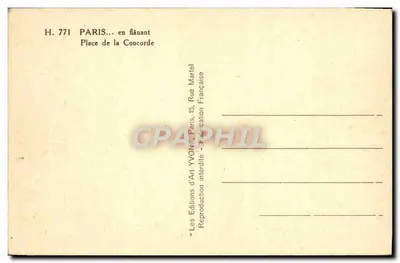 Place de la Concorde — widok z Obeliskiem i Wieżą Eiffla — Wydawnictwo Sztuki YVON — Rewers