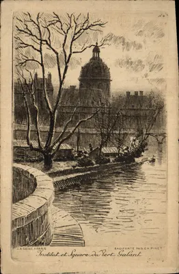 Instituto e Praça do Vert Galant — Paris — Eau-forte por Ch. Pinet, N°4