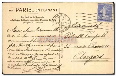 O Ponte da Tournelle e a Estátua de Santa Geneviève — Paris — Éditions Yvon, n°312 — Verso