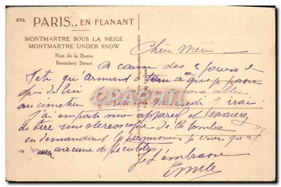 Montmartre sous la neige — vue de la Rue de la Borne avec la tour de l'église Saint-Pierre — éditeur Yvon, n° 274 — Verso