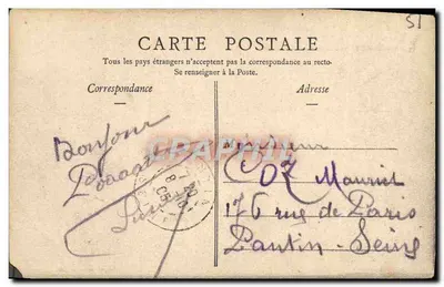 Bilhete postal antigo Boursault O Castelo Visto da Planície — Verso