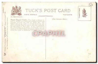 Mont-Orgueil — Zamek na skałach przy zachodzie słońca — Tuck's Post Card n°7133 — Rewers
