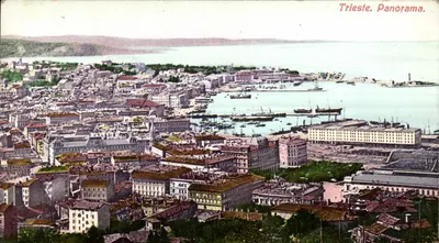 Trieste. Panorama — vista aérea do porto e dos edifícios — Stabilimento editore Milan Mandrich, n° 532