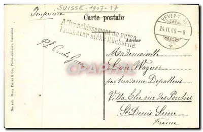 Grand Hôtel du Mont Pélerin sobre Vevey (Suíça) alt. 900 m. — vista panorâmica — impressor May Frères & Co., Lausanne, n° 246 — Verso