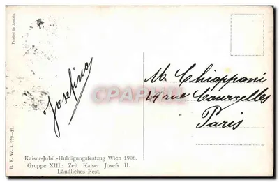 Festa camponesa em Viena — Kaiser-Jubiläumszug 1908 — editor E.K.W.L. 779-13 — Verso