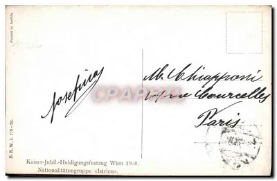 Uroczystość narodowa w Istrii — Cesarski jubileuszowy pociąg w Wiedniu 1908 — wydawca Eichhavn — Rewers