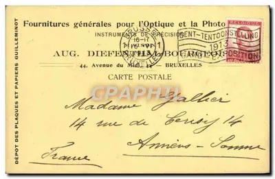 Bruxelas — Exposição Rent-Tentoonstelling 1913 — Fornecimentos gerais para Óptica e Fotografia, Aug. Diefentraut, Avenida do Meio-Dia 44