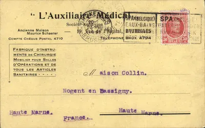Spa (Bélgica) — L'Auxiliaire Médical — Sociedade Anônima — 19, Rue de l'Hôpital — 23 julho 1923