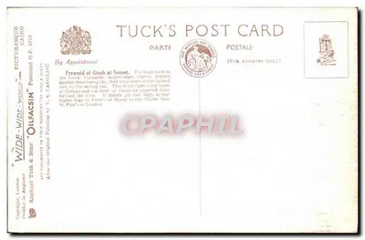 Pirâmide de Gizé ao pôr do sol — Tuck's Post Card, série 'Wide World Picturesque' — editor Tuck & Sons, Londres — Verso