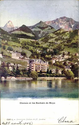 Clarens e os Rochers de Naye — vista lacustre com montanhas — Charnaux Frères & C°, Genebra, n° 1568 C