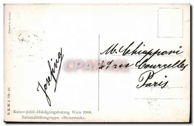 Narodowe święto Steiermark — Cesarski jubileuszowy parada w Wiedniu 1908 — wydawca B.K.W.I. 779-23 — Rewers
