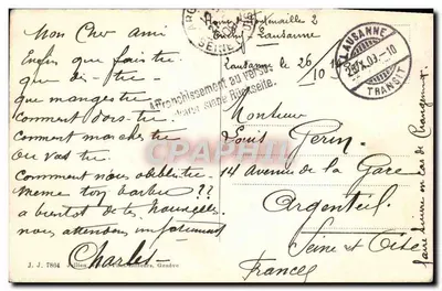 Krowy w krajobrazie alpejskim — zasneżone góry — wydawca J.J. 7804, Genewa — Rewers