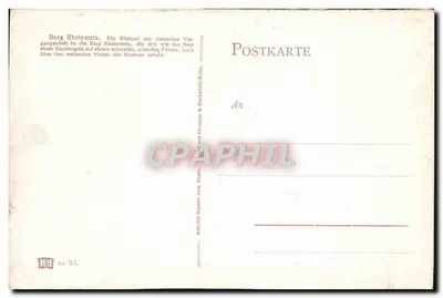 Zamek Rheinstein — na skalnym wzniesieniu nad Rynem — wydawca Astrolin-Karten von H. & Beckmann-Köln, nr 93 — Rewers