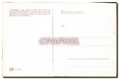Gutenfels — ruiny na skale nad Rynem — wydawca IBH, nr 118 — Rewers