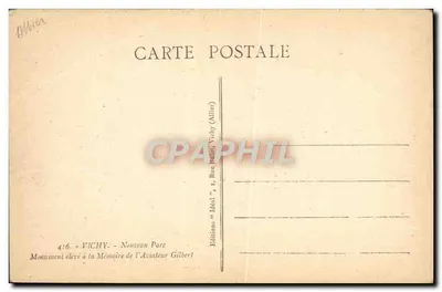 Bilhete postal antigo Vichy Novo Parque Monument Elevado à Mentoire Do aviador Gilbert Aviação Avião — Verso
