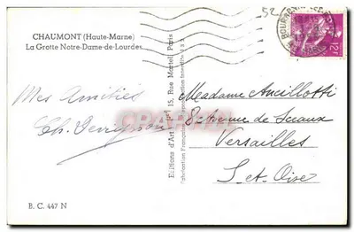 Jaskinia Najświętszej Maryi Panny z Lourdes — Chaumont (Wysokie Marne) — Éditions d'Art, Paryż — Rewers