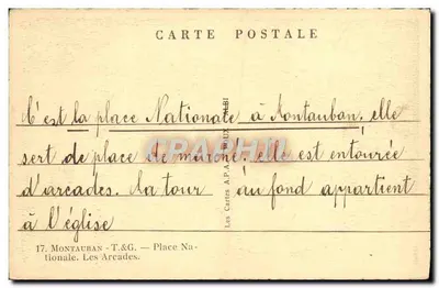 Montauban — Place Nationale — Les Arcades — uitgever A.P.A. n°17 — Achterkant