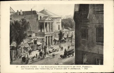 Velho Paris — O Boulevard Montmartre em 1805, O Teatro das Variedades, O Passage des Panoramas — Frescati, ND