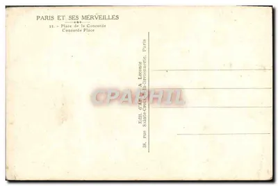 Place de la Concorde — vue panoramique avec obélisque et fontaine — éditeur A. Léconne, Paris — Verso