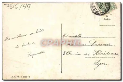 Jeune femme et garçon saluant — scène hivernale — éditeur B. K. W. I. n° 2736-4 — Rewers