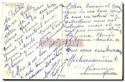 Scena zimowa — zasnieżone wioski z parą i kobietą w różowej sukni — Szczęśliwego Nowego Roku — wydawca nieznany — Rewers