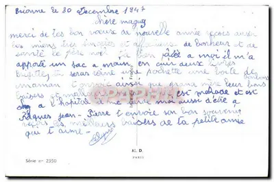 Dwa dzieci trzymające gałęzie hawranu — Bonne Année ! — seria nr 2350, wydawca A. D. PARIS — Rewers