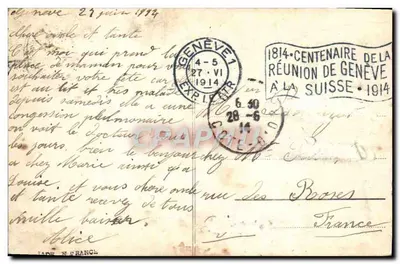 Bukiet kwiatów na dwumiejscowym samolocie — Genewa, 1914 — Wydawca nieznany — Rewers