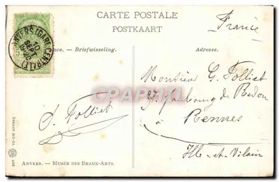 Muzeum Sztuk Pięknych w Antwerpii — udekorowana fasada neoklasyczna z figurami — wydawca Antwerpia — Rewers
