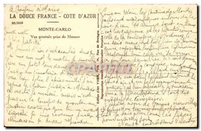 Widok z Monaco — Delikatna Francja - Półwysip Azorski — Wydawnictwo Sztuki Yvon, nr 21/259 — Rewers