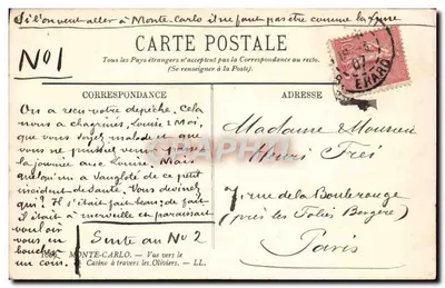 Vista de Monte-Carlo — Casino através dos Oliveiras — Editor LL, n°1 — Verso