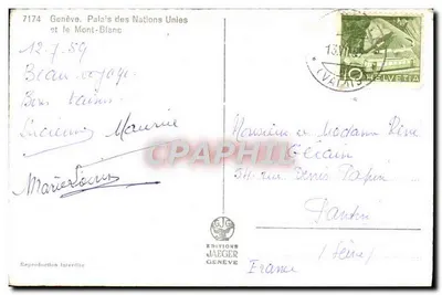 Genève. Palais des Nations Unies en de Mont-Blanc — Uitgave Jaeger, n° 7174 — Achterkant