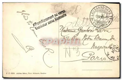 Barco a vela no lago — montanhas nevadas — J. J. 6369, Jullien frères, Genebra — Verso