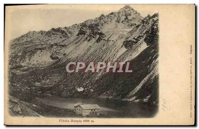 Flütiela Hospiz 2388 m. — alpejski widok z chałupą — wydawca A. G. S. & Cie, nr 44002
