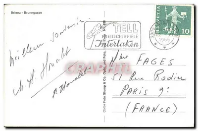 Brienz - Brunngasse — widok ulicy z drewnianymi domami i górami — wydawca TELL Freilichtspiele, Interlaken — Rewers