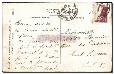 Gatos negros e estribos — Nova Ano — Inter-Art Co., Florence House, Barnes, S.W. — Série 'Comico' n°53-48 — Verso
