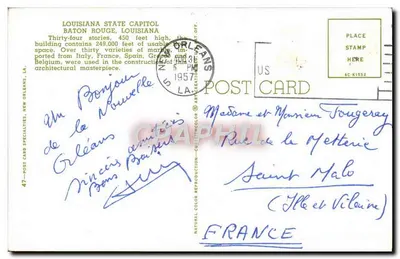 Capitólio da Louisiana — Baton Rouge, Louisiana — Postcard Specialties, New Orleans, LA, n°47 — Verso