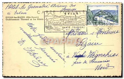 Évian-les-Bains — Hotel Les Grenades, zakład termalny — Wydawca: Hellographie — Rewers