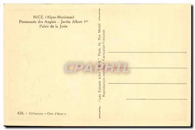 Nice (Alpes-Maritimes) — Promenade des Anglais, Jardin Albert Ier, Palais de la Jetée — Wydawnictwo Sztuki Y. Vé N. Paris — Rewers