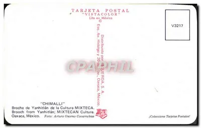 Broche 'Chimalli' — Yanhuitlán, Oaxaca — Cultura Mixteca — Editor Vistacolor, n° V3217 — Verso