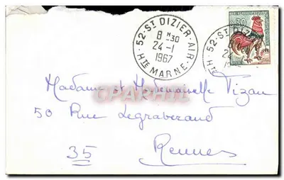 Heureuse e Hélène Tizan — 50 Rue degraberand — 35 Rennes — selo 30c coq — carimbo aéreo 24-1-1967