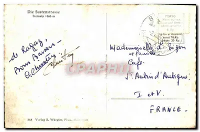 A Sustenstrasse — Steinalp 1866 m — Verlag R. Würgler, Fotografia, Meiringen n° 545 — Verso