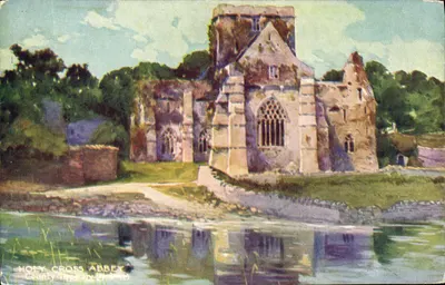 Abadia de Santa Cruz — ruínas góticas à beira de um lago — editor desconhecido