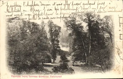 Rio Tâmisa, da Terrace Gardens, Richmond — vista do rio cercado por árvores — editor não visível