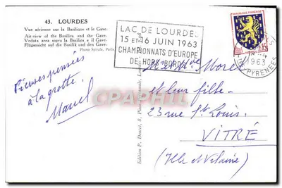 Lourdes — Widok z powietrza z bazyliki i Gave — Wydawnictwo P. Doucet, Paryż, nr 43 — Rewers