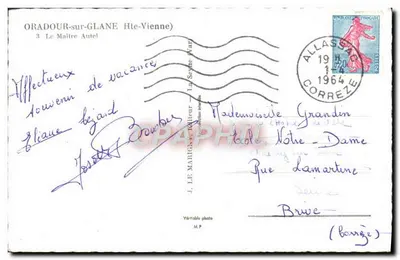 Innenansicht einer Kirche — Farbglasfenster und Altar — J. Le Marigot, Verlag — Rückseite