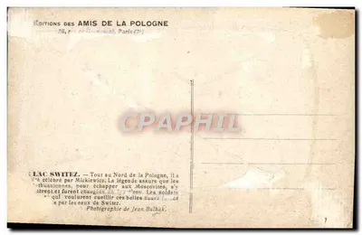 Lac Świecie — vue du lac au coucher du soleil avec un arbre en premier plan — Éditions des Amis de la Pologne — Verso