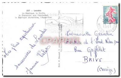Lourdes — Vista panorâmica com a Gruta, a Basílica e a Procissão com Velas — Édit. P. Doucet, n° 207 — Verso